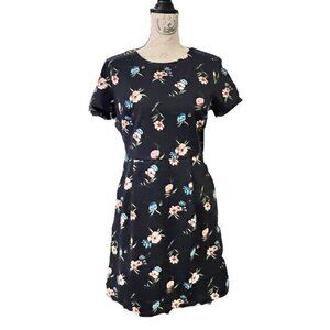 NWT LOFT Midi Dress Womens 6P Blue Floral Pleated Waist Pockets Business Cottage